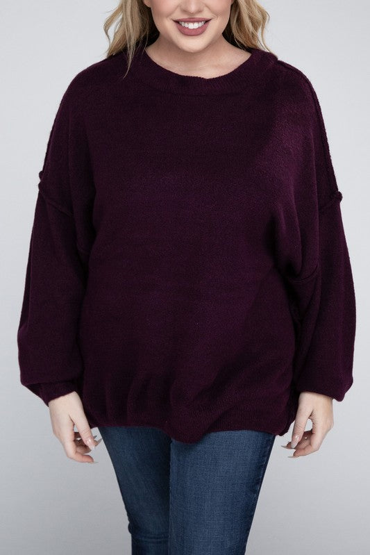 Oversized Raw Seam Melange Sweater, Zenana (Plus size only)