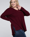 V-Neck Side Slit Hi-Low Hem Top, Various Colors, Zenana (Plus Only)