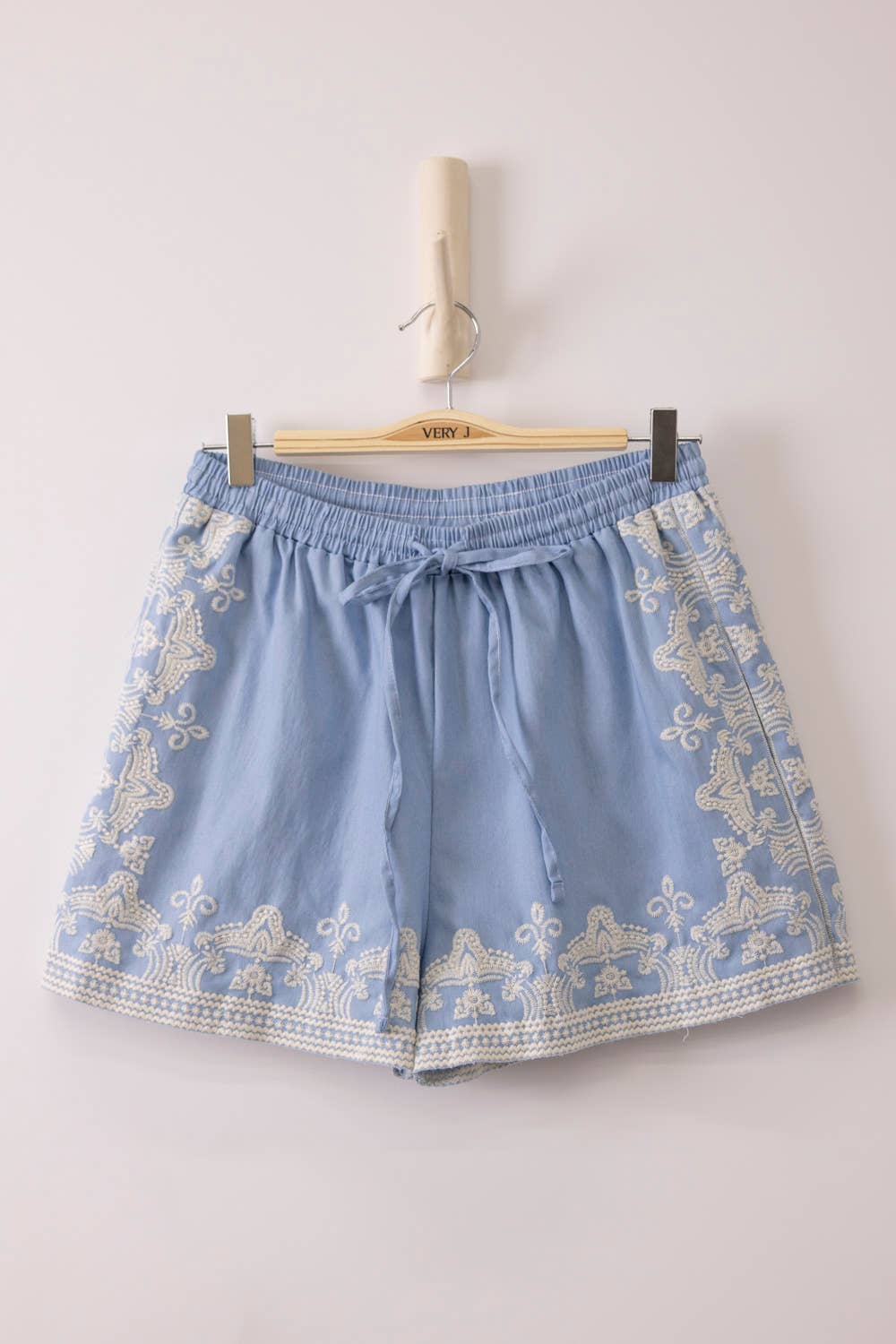 VERY J -Washed Chambray Embroidered Shorts