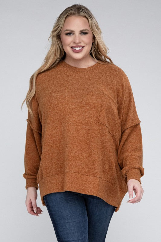 Brushed Melange Drop Shoulder Sweater, Various Colors, Zenana (Plus only)