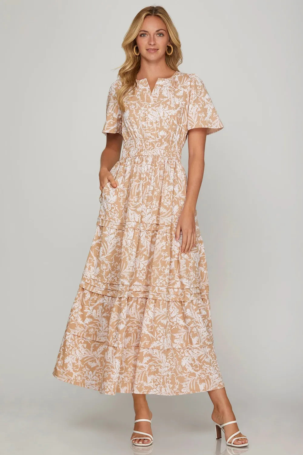 She + Sky Printed Notched Woven Tiered Pintuck Maxi Dress with Side Pockets (online only) Apricot / 1XL She + Sky Printed Notched Woven Tiered Pintuck Maxi Dress with Side Pockets (online only) Apricot / 1XL