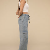 Washed Linen Elastic Band Waist Cargo Pants, Zenana (various colors)
