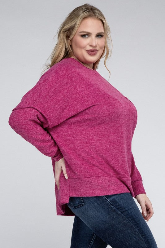 Brushed Melange Drop Shoulder Sweater, Various Colors, Zenana (Plus only)