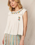 En Crème - Cap Sleeve Floral Embroidered Blouse