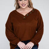 Brushed Waffle V-Neck Button Detail Sweater (Various colors), Zenana, Plus Only