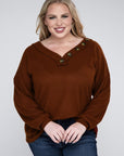 Brushed Waffle V-Neck Button Detail Sweater (Various colors), Zenana, Plus Only