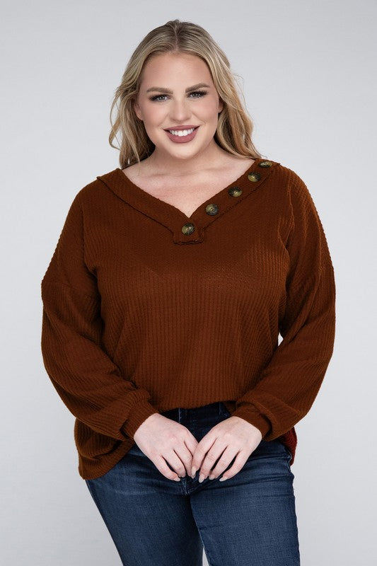 Brushed Waffle V-Neck Button Detail Sweater (Various colors), Zenana, Plus Only