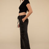 Washed Linen Elastic Band Waist Cargo Pants, Zenana (various colors)
