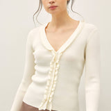 Be Cool - RUFFLED V-NECK DETAIL RIBBED CARDIGAN