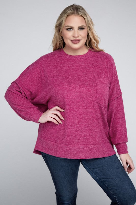 Brushed Melange Drop Shoulder Sweater, Various Colors, Zenana (Plus only)