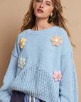 POL Crochet Flower Round Neck Dropped Shoulder Sweater