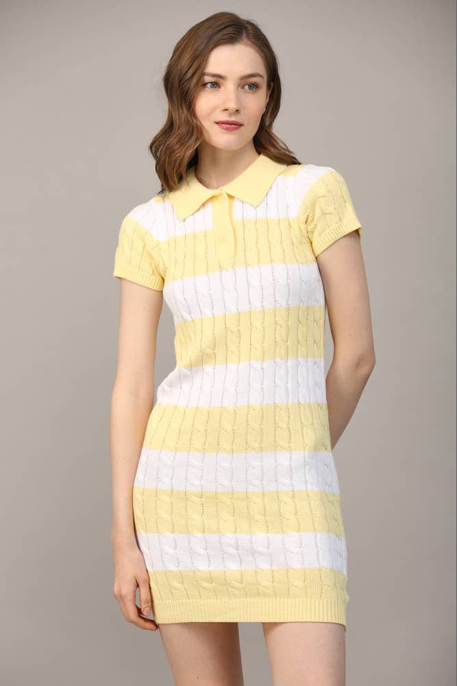 FATE - STRIPE POLO COLLAR SHORT SLV SWEATER DRESS