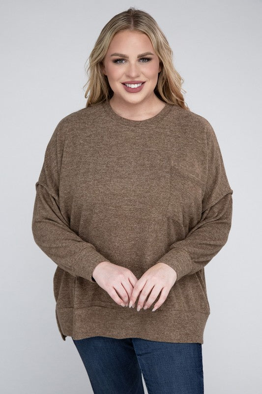 Brushed Melange Drop Shoulder Sweater, Various Colors, Zenana (Plus only)