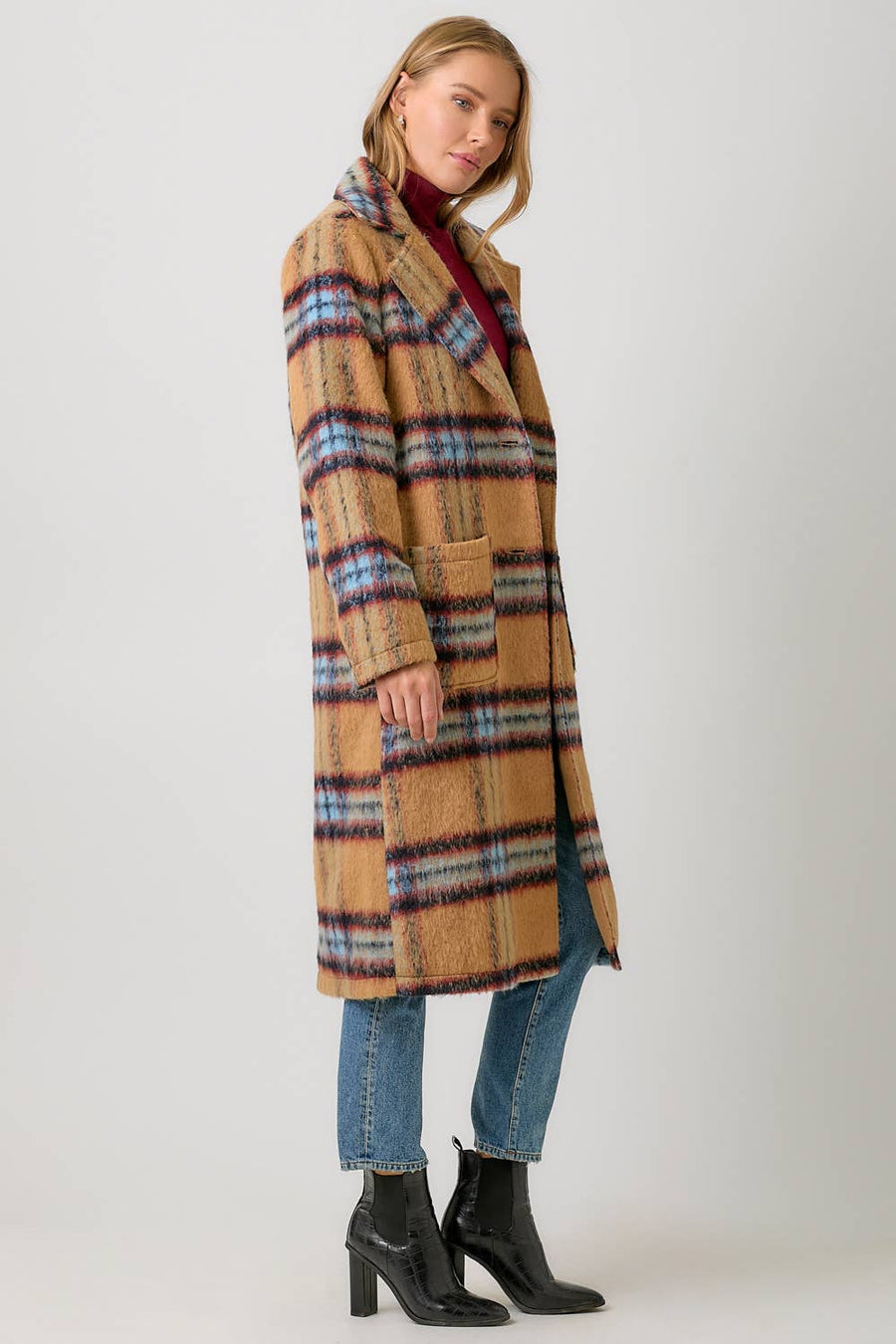 Mystree Fuzzy Plaid Long Coat