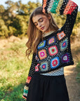 Floral Crochet Striped Sleeve Cropped Knit Sweater (Various colors), Davi & Dani