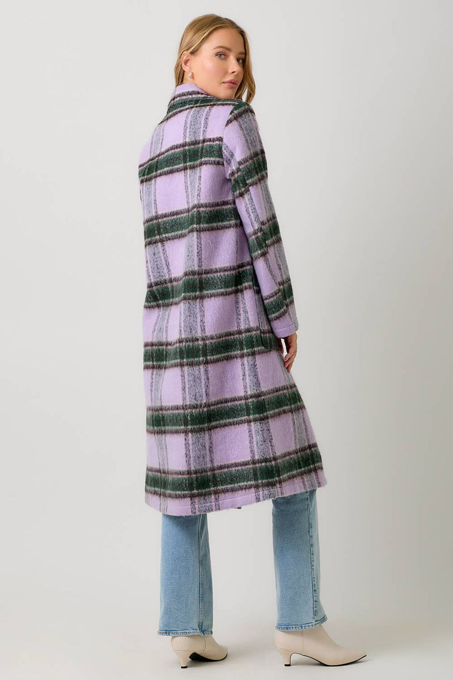 Mystree Fuzzy Plaid Long Coat