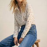 Q2 White Button-Up Shirt with Dog Print Pattern