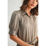 FUN2FUN - SATIN PLEATS DETAIL TIE WAIST SHIRT DRESS