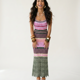 Boho Brown - Vibrant Knitted Geometric Maxi Dress
