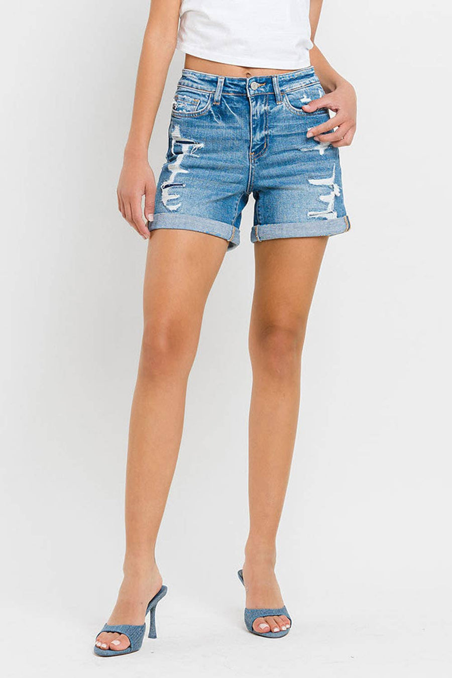 VERVET by FLYING MONKEY - HIGH RISE DOUBLE CUFF SHORTS