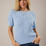 Sunday Edition by LE LIS - ROUND NECK PUFF SHORT SLEEVE CABLE SWEATER