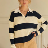 SKIES ARE BLUE - Striped Ribbed Knit Polo Shirt