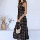 STORIA - BROWN & BLACK PLAID BUTTON-FRONT MIDI DRESS