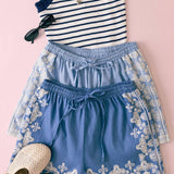 VERY J -Washed Chambray Embroidered Shorts