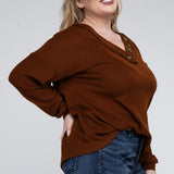 Brushed Waffle V-Neck Button Detail Sweater (Various colors), Zenana, Plus Only