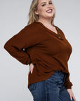 Brushed Waffle V-Neck Button Detail Sweater (Various colors), Zenana, Plus Only