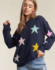 ADORA Stars Pattern Round Neck Drop Shoulder Sweater