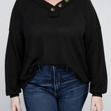 Brushed Waffle V-Neck Button Detail Sweater (Various colors), Zenana, Plus Only