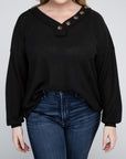 Brushed Waffle V-Neck Button Detail Sweater (Various colors), Zenana, Plus Only