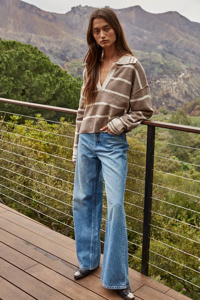 By Together -Knit Sweater Striped Collar V-Neck Long Sleeve Top