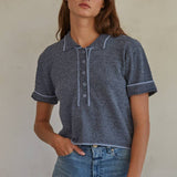 By Together -Knit Sweater Striped Half Button Collar Neck Top
