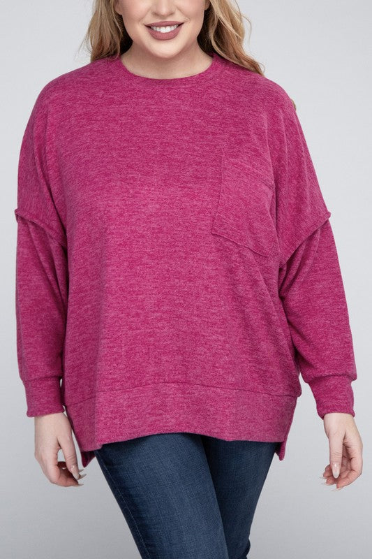 Brushed Melange Drop Shoulder Sweater, Various Colors, Zenana (Plus only)