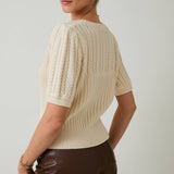 Sunday Edition by LE LIS - ROUND NECK PUFF SHORT SLEEVE CABLE SWEATER