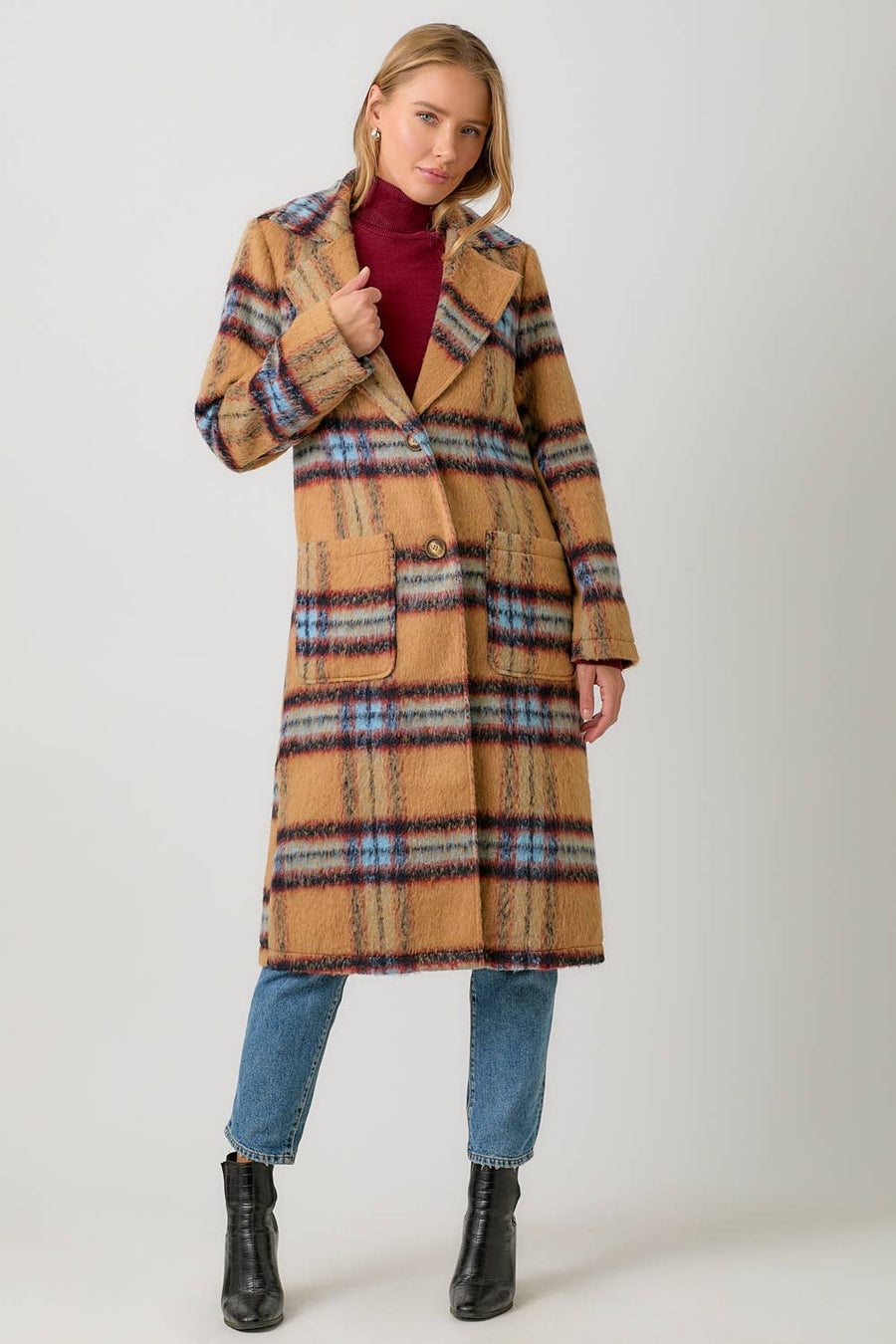 Mystree Fuzzy Plaid Long Coat