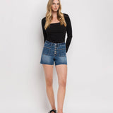 Lovervet by VERVET - HIGH RISE PATCHED BUTTON FLY SHORTS