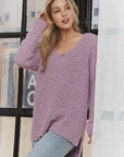 ADORA Oversized High-Low Side Slit V-Neck Sweater