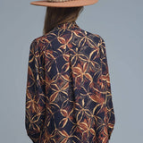 Q2 Black chiffon shirt with abstract print and knotted bow