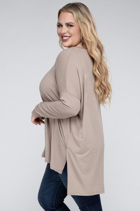 V-Neck Side Slit Hi-Low Hem Top, Various Colors, Zenana (Plus Only)