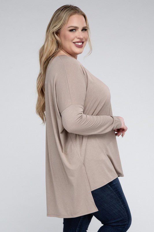 V-Neck Side Slit Hi-Low Hem Top, Various Colors, Zenana (Plus Only)