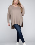 V-Neck Side Slit Hi-Low Hem Top, Various Colors, Zenana (Plus Only)