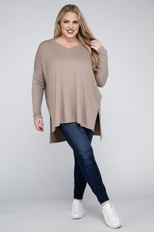 V-Neck Side Slit Hi-Low Hem Top, Various Colors, Zenana (Plus Only)