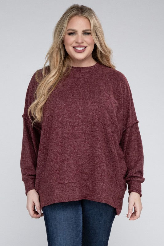 Brushed Melange Drop Shoulder Sweater, Various Colors, Zenana (Plus only)