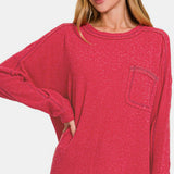 Contrast Stitching Brushed Ribbed Hacci Knit Top, Zenana
