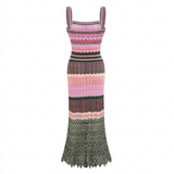Boho Brown - Vibrant Knitted Geometric Maxi Dress