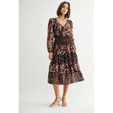 FUN2FUN - MIX FLOWER V NECK MIDI DRESS
