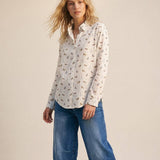 Q2 White Button-Up Shirt with Dog Print Pattern
